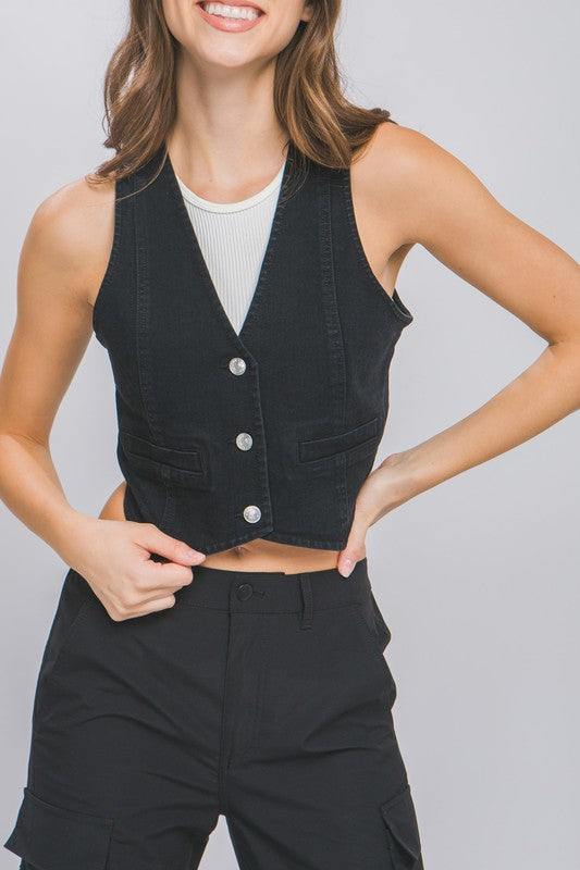 BLACK BUTTON DOWN DENIM VEST BoomyLA