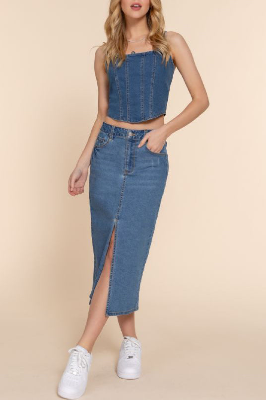 MIDDLE SLIT MIDI DENIM SKIRT | BoomyLA MIDDLE SLIT MIDI DENIM SKIRT | BoomyLA