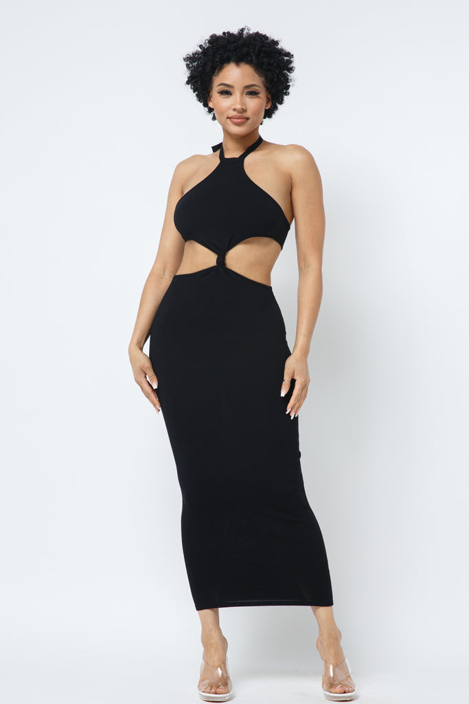 A maxi sleeveless dress featuring a cut out design, front knot and open back.