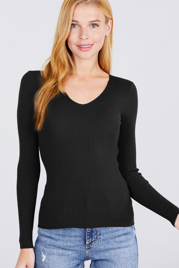 A black basic ribbed knit sweater featuring a V-neckline and long sleeves.