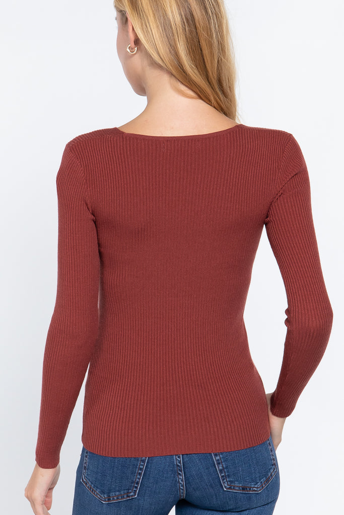 A red basic ribbed knit sweater featuring a V-neckline and long sleeves.