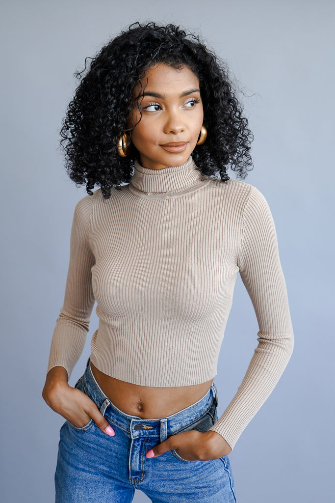 A ribbed knit top featuring long sleeves and a turtleneck.