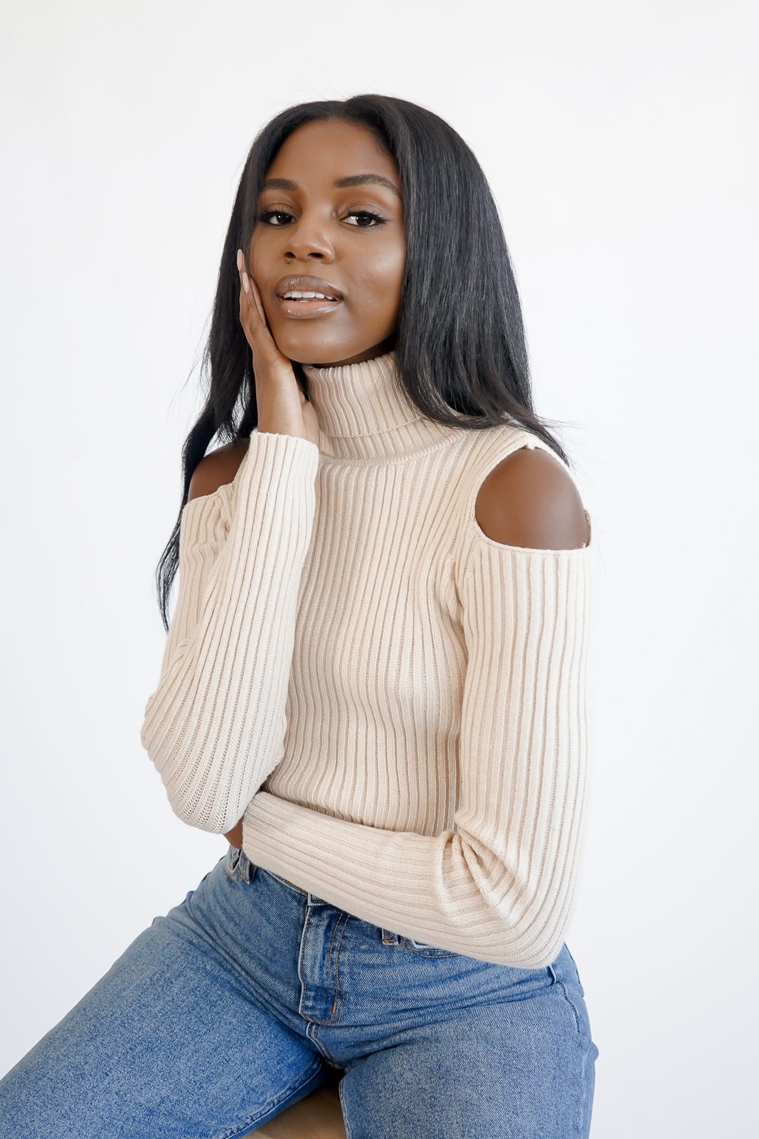 Open shoulder turtleneck sweater best sale