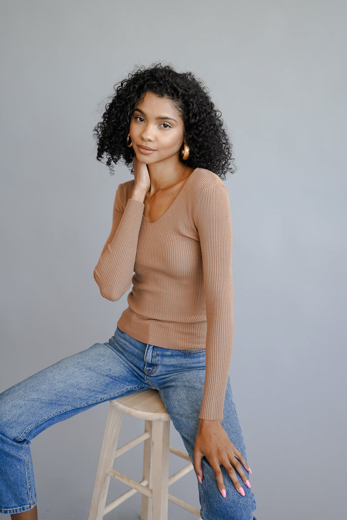 A basic ribbed knit sweater featuring a V-neckline and long sleeves.