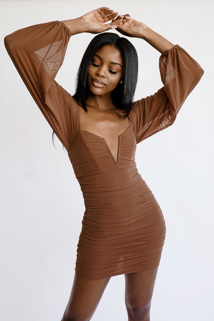 A long sleeve mesh dress featuring a deep v neckline, and ruching throughout.